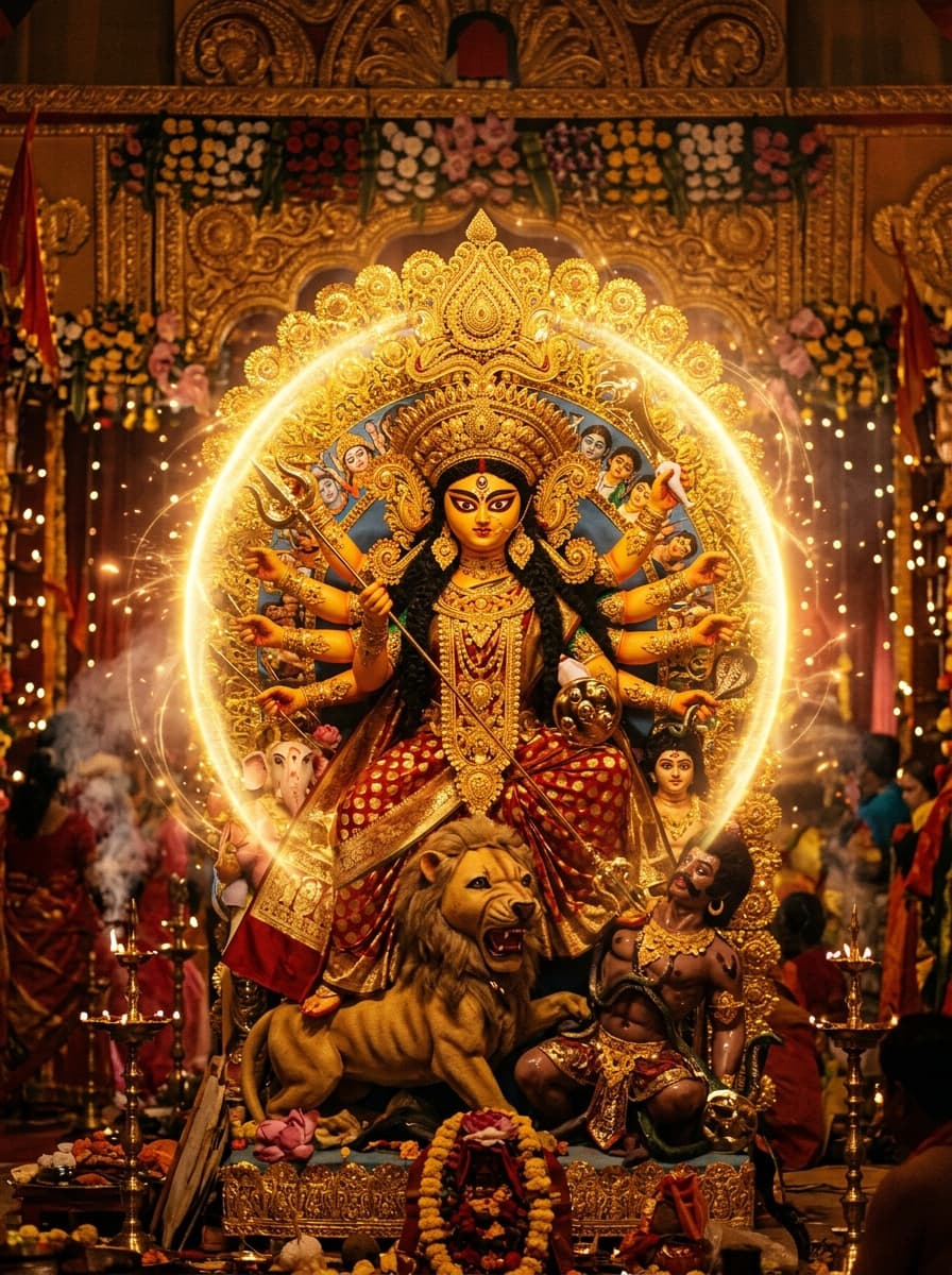 Majestic portrait of Goddess Maa Durga during Durga Puja festival surrounded by a glowing protective shield aura.