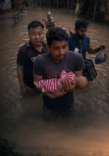 Illustration of a man wading chest-deep through flood water holding his baby above the surface, with two other men carrying belongings behind him.